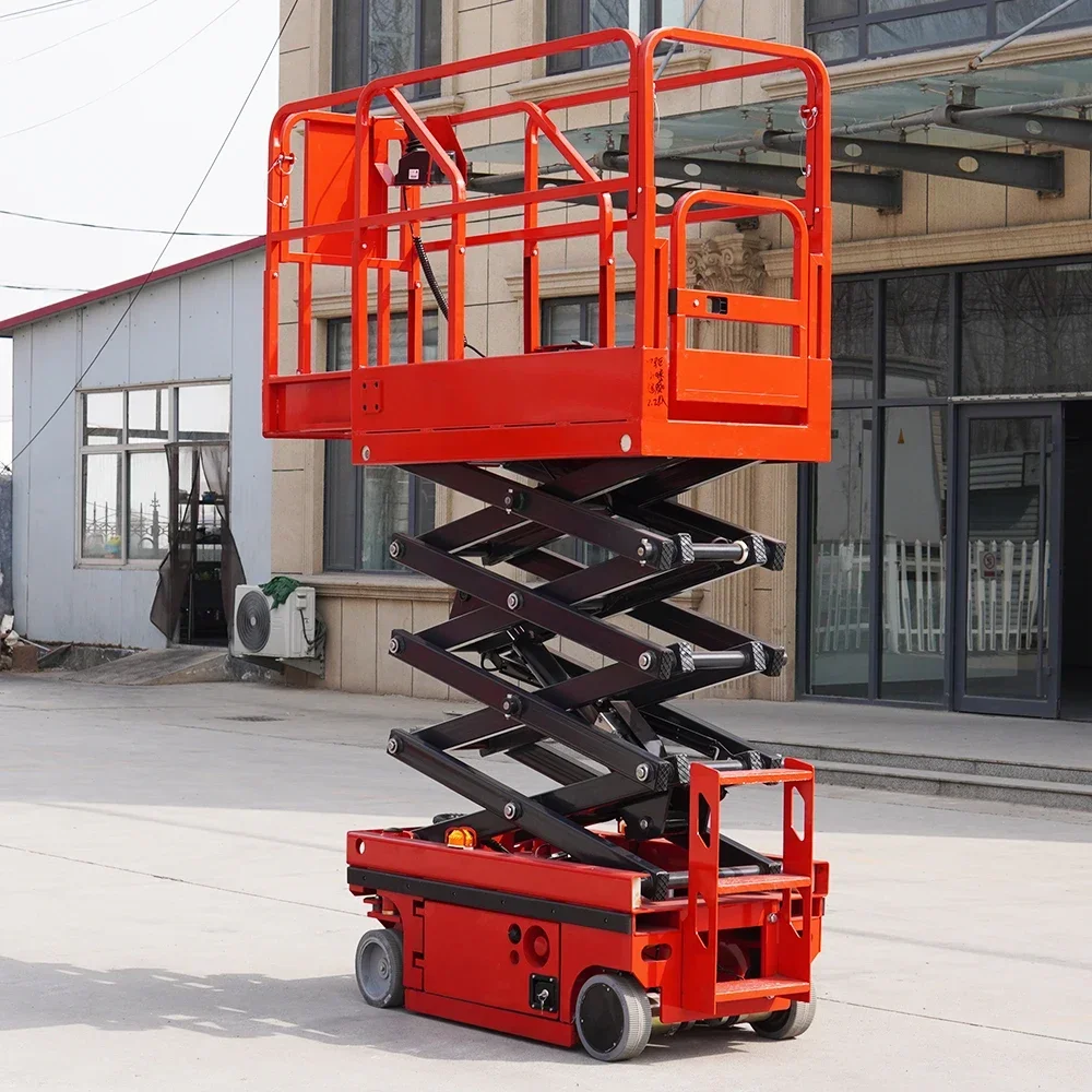 Plataforma de trabajo aéreo, mesa de plataforma elevadora de tijera hidráulica autopropulsada de 320kg y 350kg, camión elevador de tijera eléctrico de 8m, 12m y 10m
