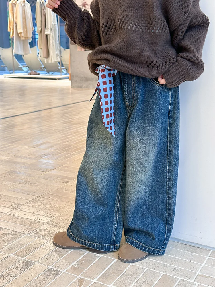 الفتيات السراويل الخريف الكورية الرجعية الدنيم فضفاضة عارضة واسعة الساق السراويل المألوف اليومية تنوعا مزاجه ملابس بسيطة
