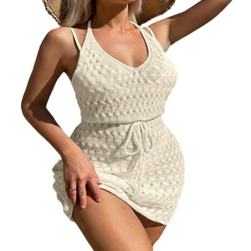 

Beach Cover Up Shirt Backless Hollow Out Sexy Beach Skirt Vacation Lace Up Sun Protection Shirt New Launched Dress Atmosphere