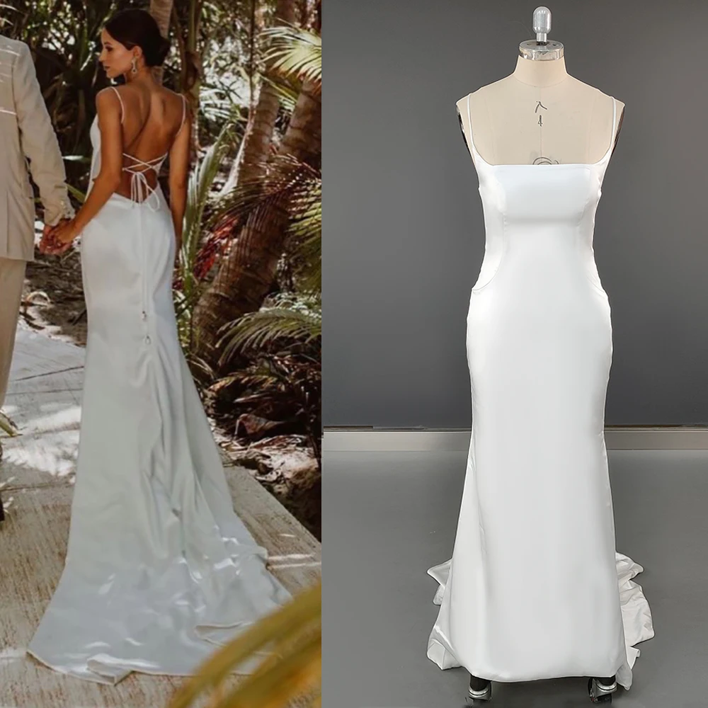 Vestido de novia sencillo con tirantes finos, capa hinchada de tul desmontable, vestidos de novia de satén con espalda abierta entrecruzada personalizada