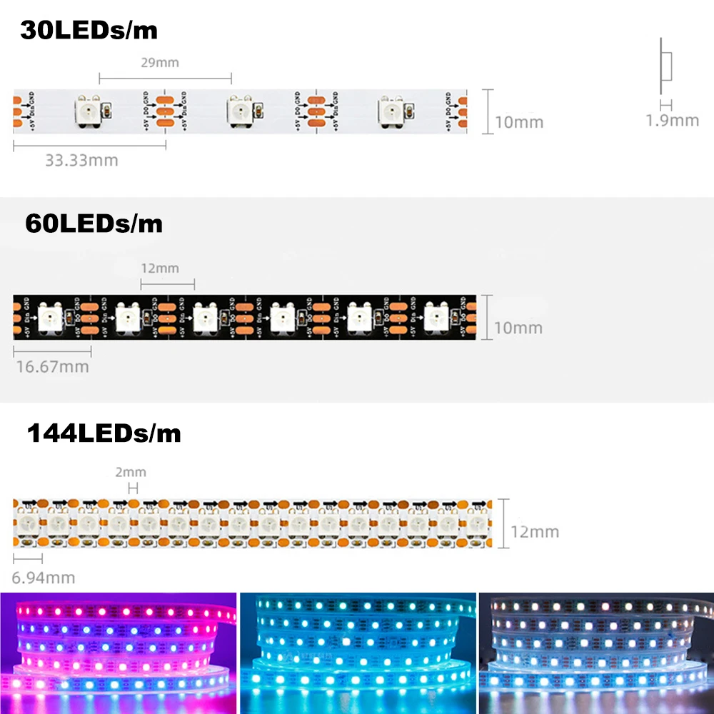 Imagem -03 - Fita de Luz de Led com Pixel Inteligente 1m 2m 3m 4m 5m Ws2812b 30 60 144 Pixels Leds m Ws2812 ic Ip30 Ip65 Ip67 Fita de Lâmpada de Led de cc 5v