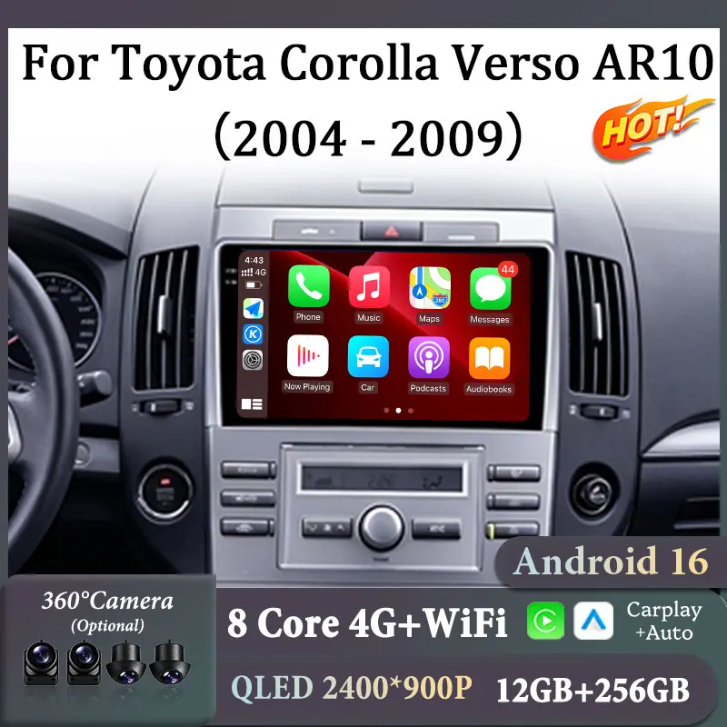 Android 16 9 Inch IPS Touch Screen Car Stereo For Toyota Corolla Verso AR10 2004 - 2009 Multimedia Player WiFi Optional GPS BT