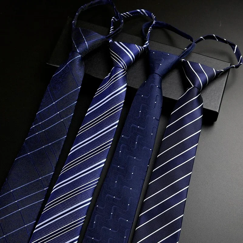 Men Zipper Striped Print Professional Tie 7cm Knot Free Lazy Neck Ties Skinny Mens Neckties for Business Wedding Slim Men Ties