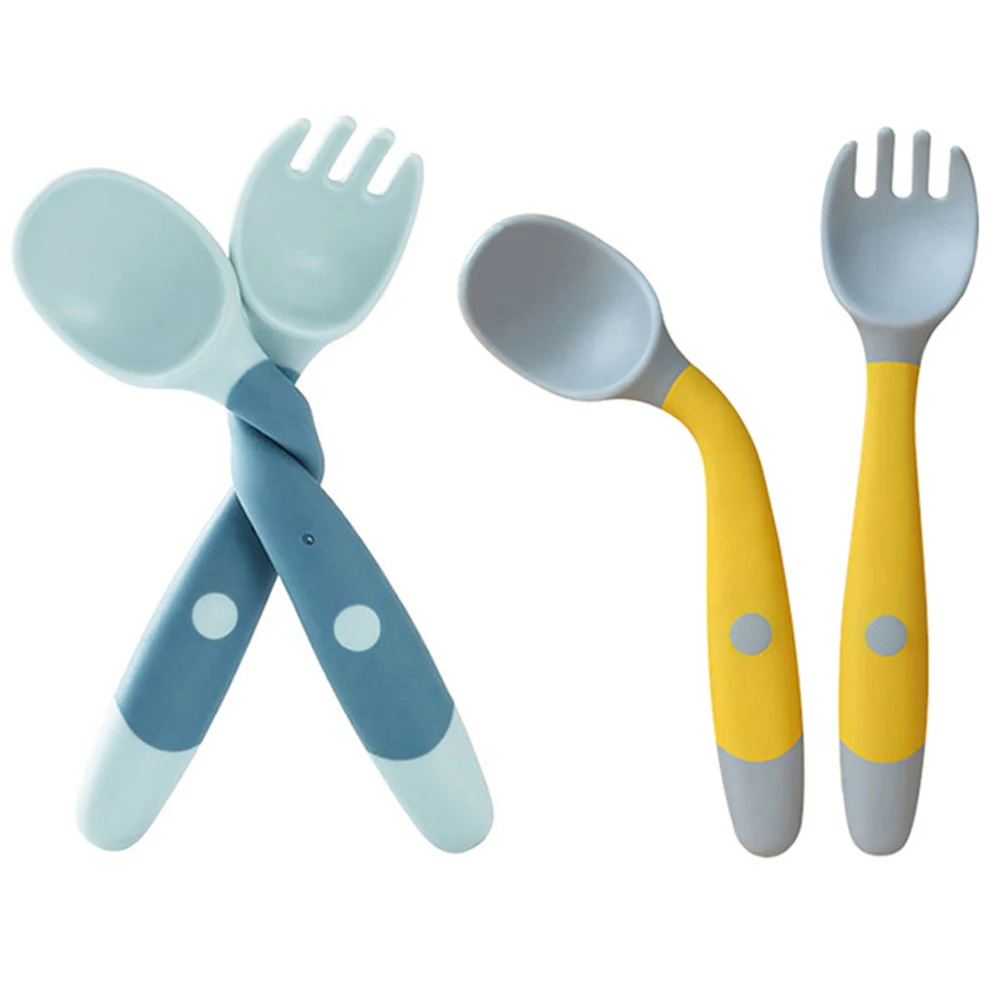 

Infant Auxiliary Food Bendable Toddler Baby Utensils Set Learn To Eat Children Tableware Set Silicone Spoon Fork