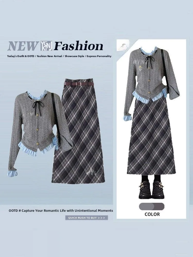 

Korean Sle High Waist Plaid Skirt And Knitted Top Set Women's Faion Spring Autumn Outfit Casual Comfortable Slimming