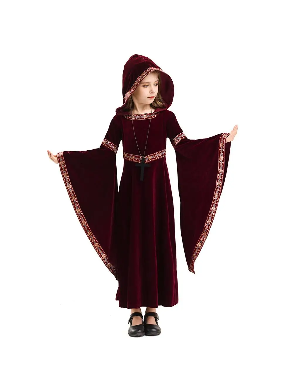 

Костюм ведьмы на Хэллоуин для девочек, длинная юбка для малышей, наряд для выступлений, ретро-костюм с капюшоном, детская одежда для пар