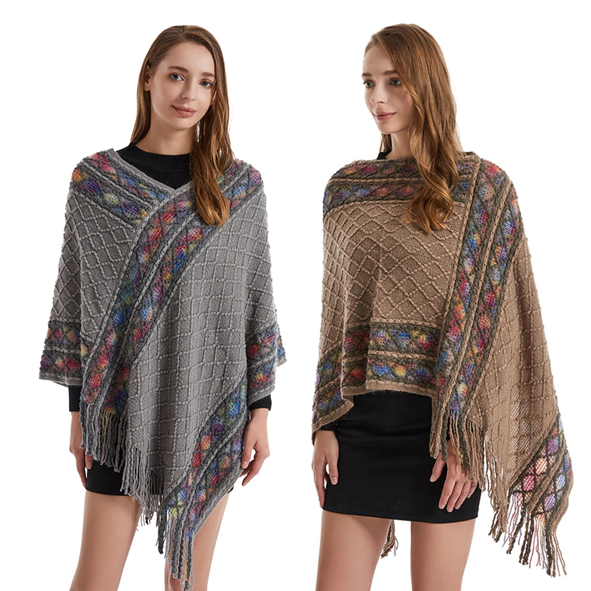 

2024 New Fashion Cloak Women's Ethnic Style Knitted Cloak Cover with Tassel Shawl Coat Wrapped with Knitted Scarf