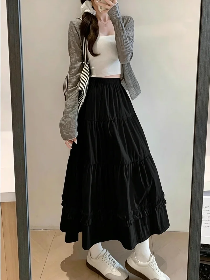 2026 Frühling Sommer Koreanischer Stil Mehrstufiger Rüschen-Fransen-Midirock für Damen mit Elastischer Taille A-Linie Vielseitiges Design Halbrock – Detail 7