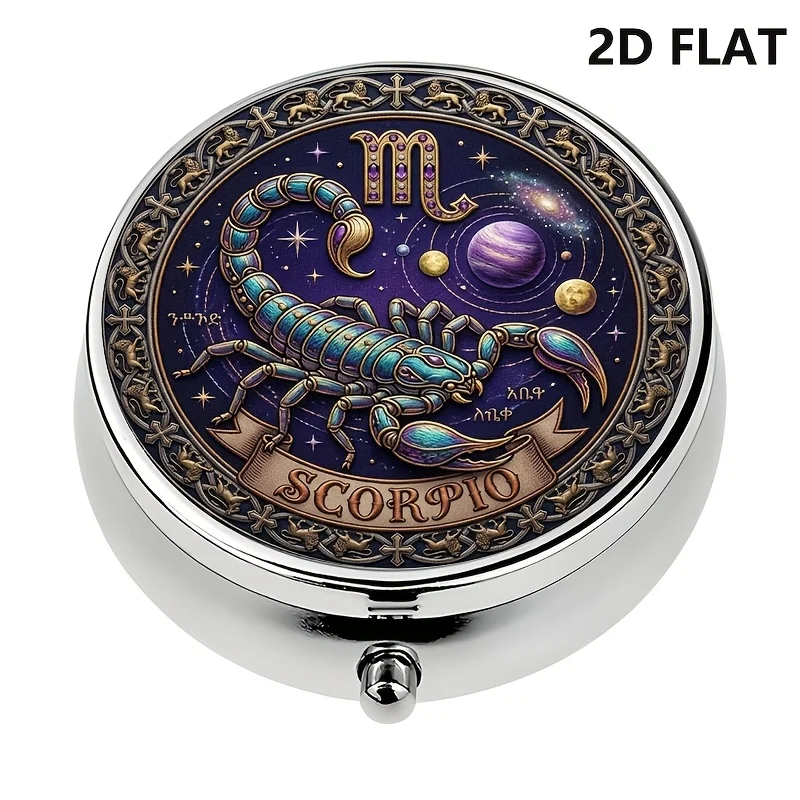 Two-dimensional design, single-piece pill box, Scorpio zodiac astrology theme, symbolic celestial body design, compact everyday pill box, ideal for travel, two-dimensional design