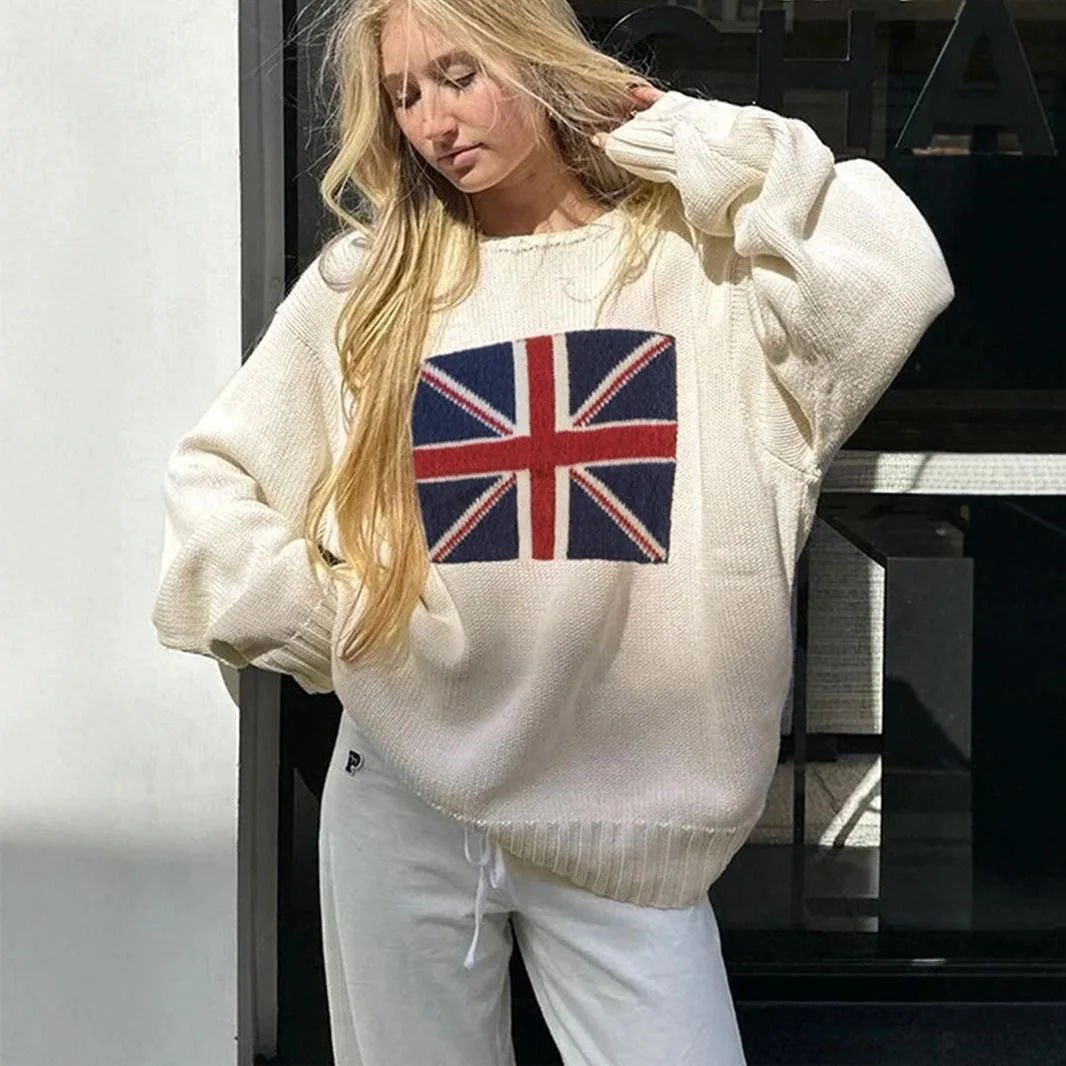 여성용 미국 국기 자수 스웨터 긴 소매 크루넥 스타 스웨트셔츠 빈티지 루즈핏 니트 풀오버 점퍼 탑