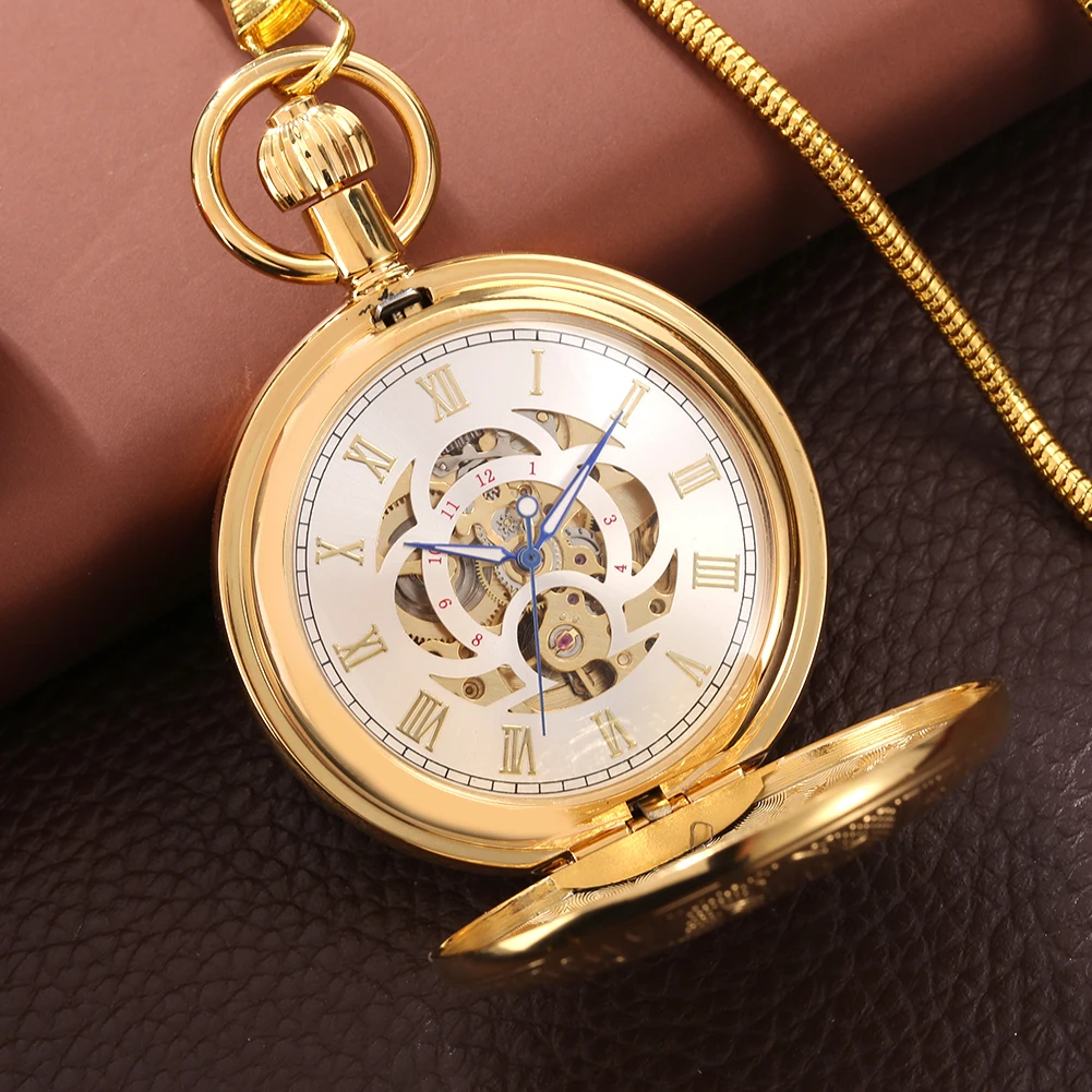 Classic Retro Gold Copper Mechanical Self Winding Pocket Watch Men's Roman Numerals Dial Fob Chain Vintage Pocket Timepiece