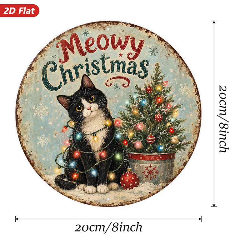 2D Flat, 1pc Meowy Christmas Cat Round Metal Sign Wall Art, Home Decor, Black Tuxedo Cat, Tangled Colorful Christmas Lights, Sui