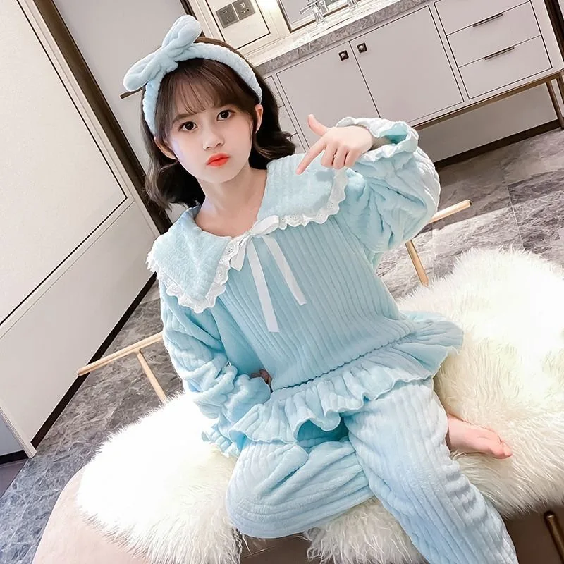 Kids' Autumn Winter Flannel Coral Fleece Pajama Sets Thickened Thermal Homewear For Tween Girls