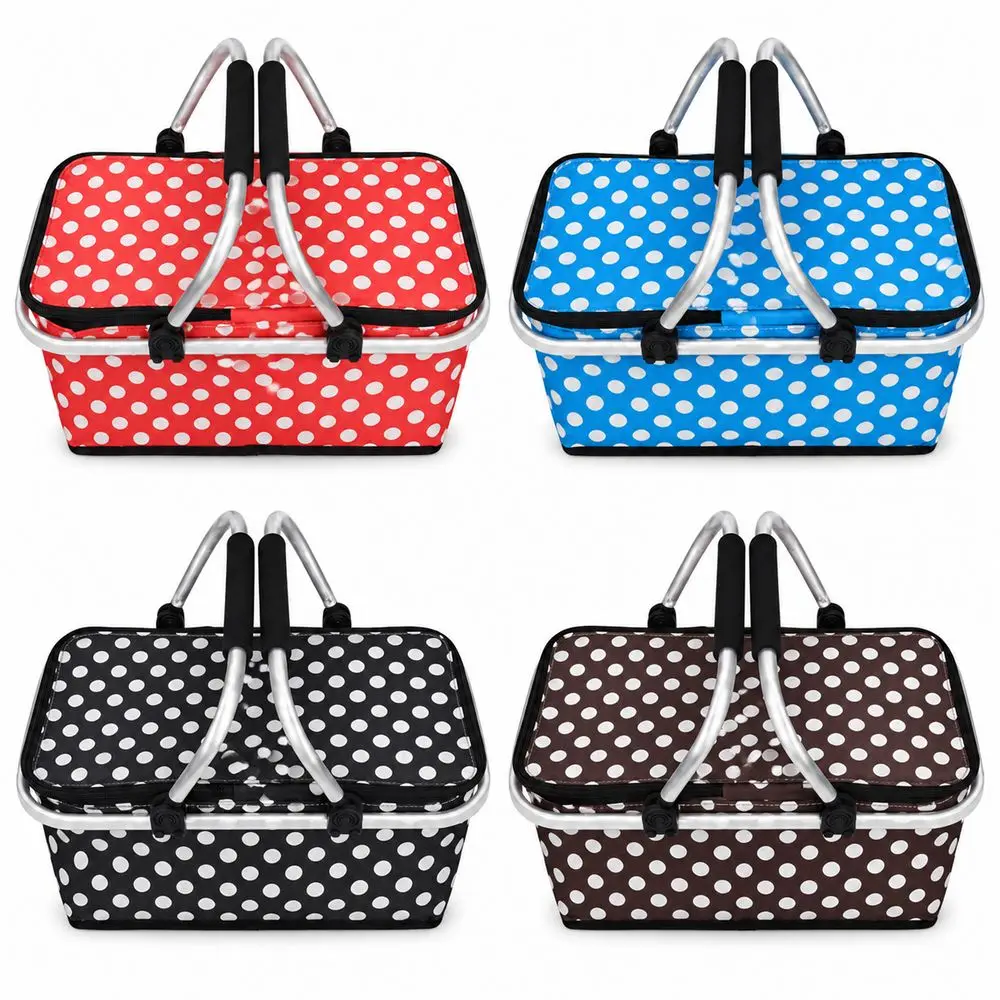Satin Fabric Insulated Picnic Basket Polka Dot Pattern Zipper Closure Picnic Cooler Basket Portable Handles Insulated Lining