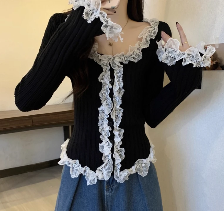 Coréen doux dentelle épissage volants à manches longues haut tricoté femmes automne hiver 2025 nouveau grande taille mince Lolita bas pull