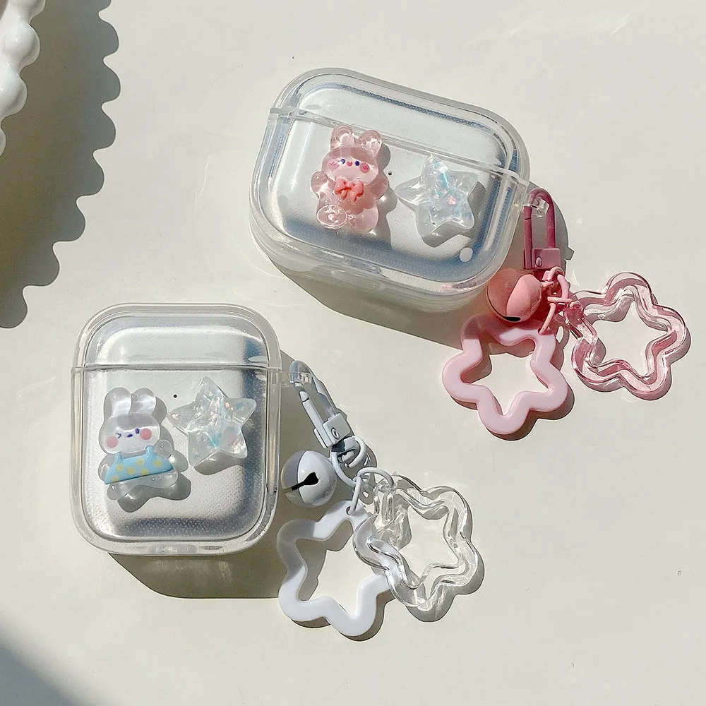 Crystal Cute Rabbit Star Earphone Case Stars Ornament Keychain For Apple AirPods 4 Pro 1 2 3 Luxury Transparent Protective Cover