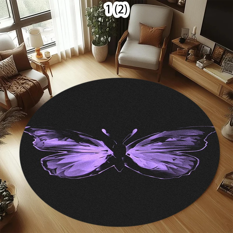Purple Butterfly Circular Carpet Spring Lavender Butterfly Printed Carpet Living Room Bedroom Kitchen Entrance Anti Slip Rug