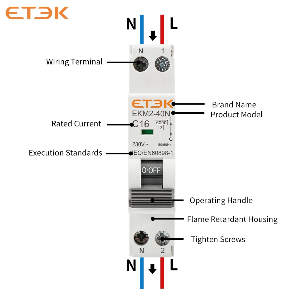 ETEK 1P N Mini Circuit Breaker MCB Curve C 10A 16A 20A 25A 32A Din Rail Mounting Miniature Household Air Breaker EKM2 40N