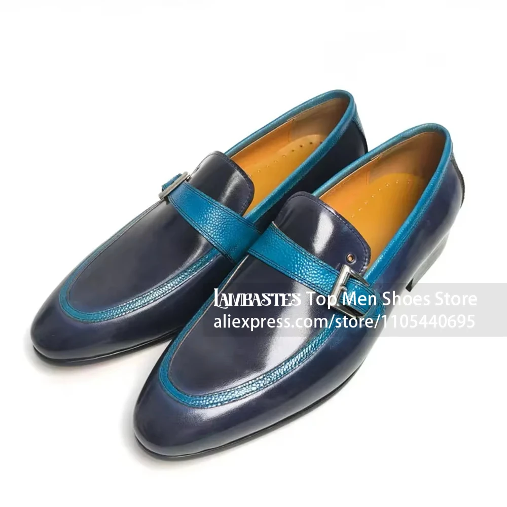 Navy Blue Contrast Buckle Penny Loafers Almond Toe Burnished Leather Metal Buckle Leather Shoes Business Casual Loafers for Men - view 2