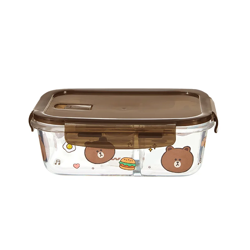 Line Friends Anime Cartoon Brown Cony 1100Ml Szklane pudełko na drugie śniadanie o dużej pojemności Kawaii 3-komorowe pudełko na drugie śniadanie