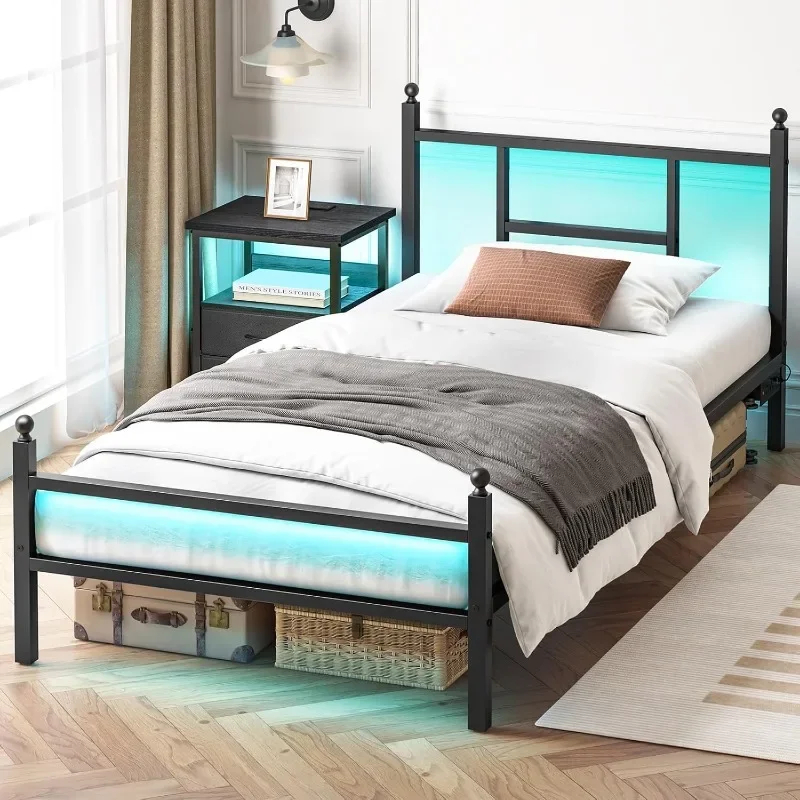 

Twin Bed Frame with Charging Station, Metal Bed Frame with Port and Outlet