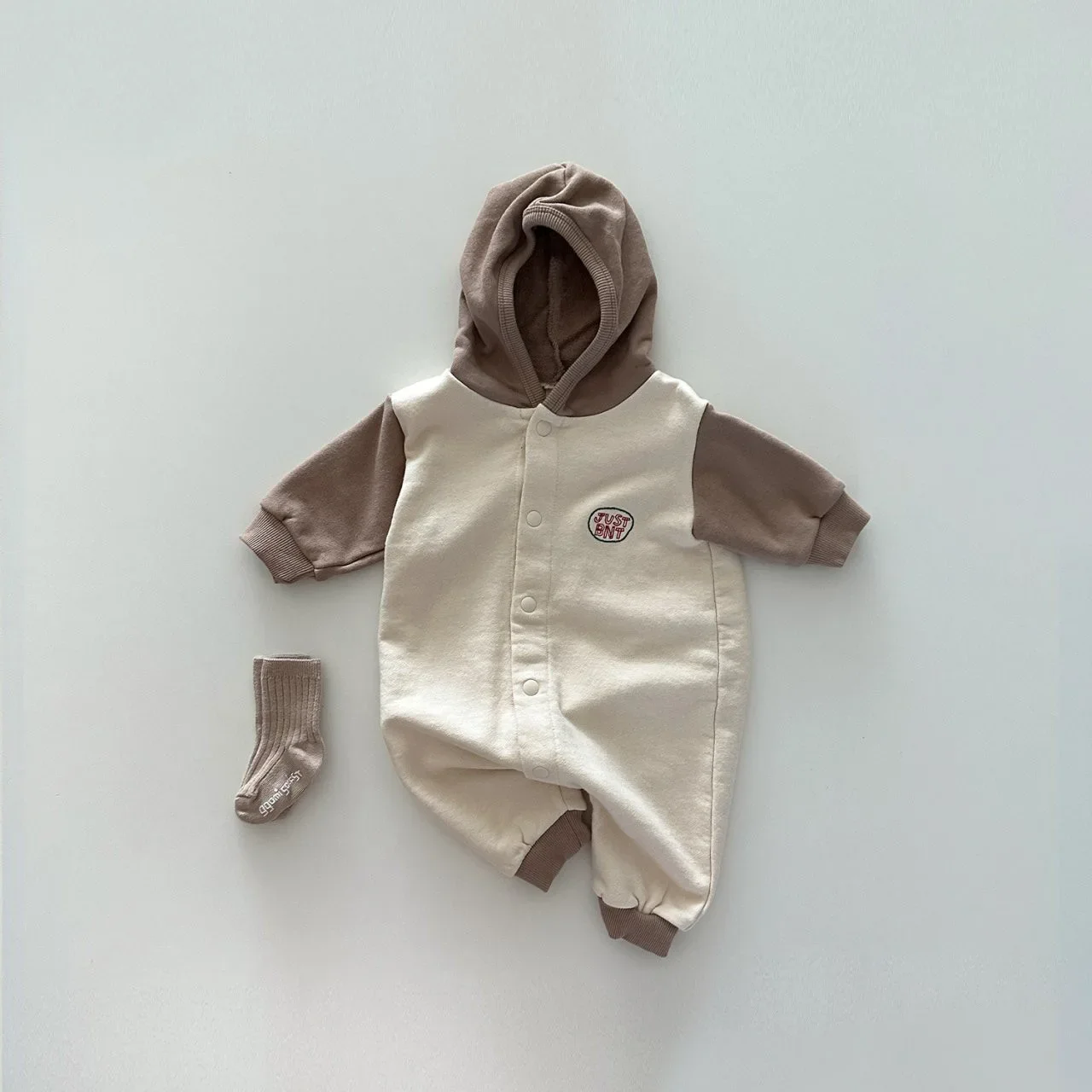 2025 Autumn New in Kids Baby Boys Fashion Clothing , Infant Toddler Hooded Patchwork Letter Jumpsuits Newborn Romper 0-3Y
