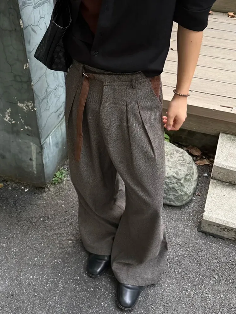 Retro Plaid Suede Patchwork Men's Casual Pants Autumn Loose Silhouette Drapey Women's Style Teen Fashion High-End Feeling