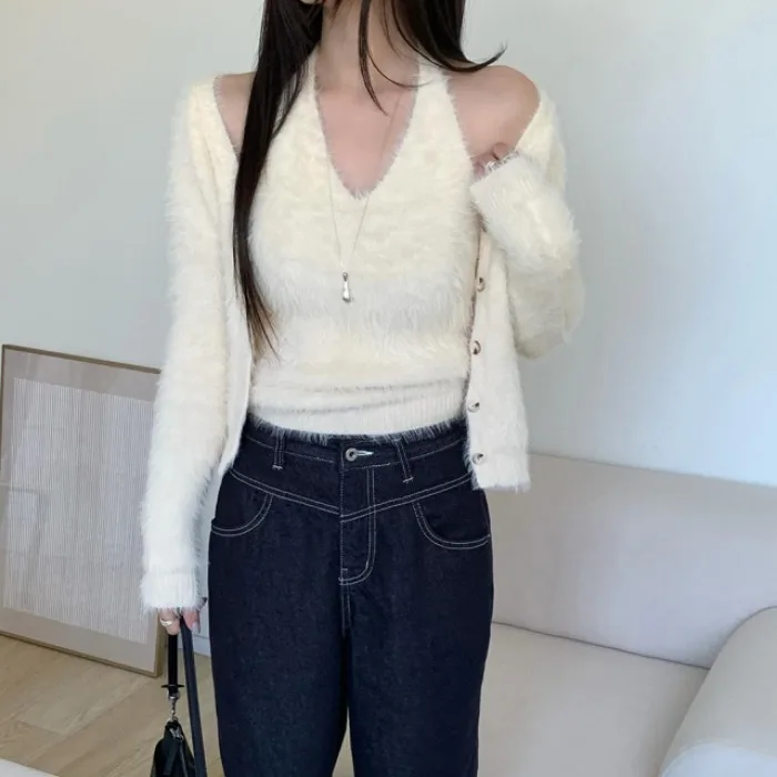 

Корейский модный весенний комплект из двух предметов: жилет на бретелях и свободное пальто из искусственного меха для женщин, из полиэфирного волокна, длинное пальто-сорочка