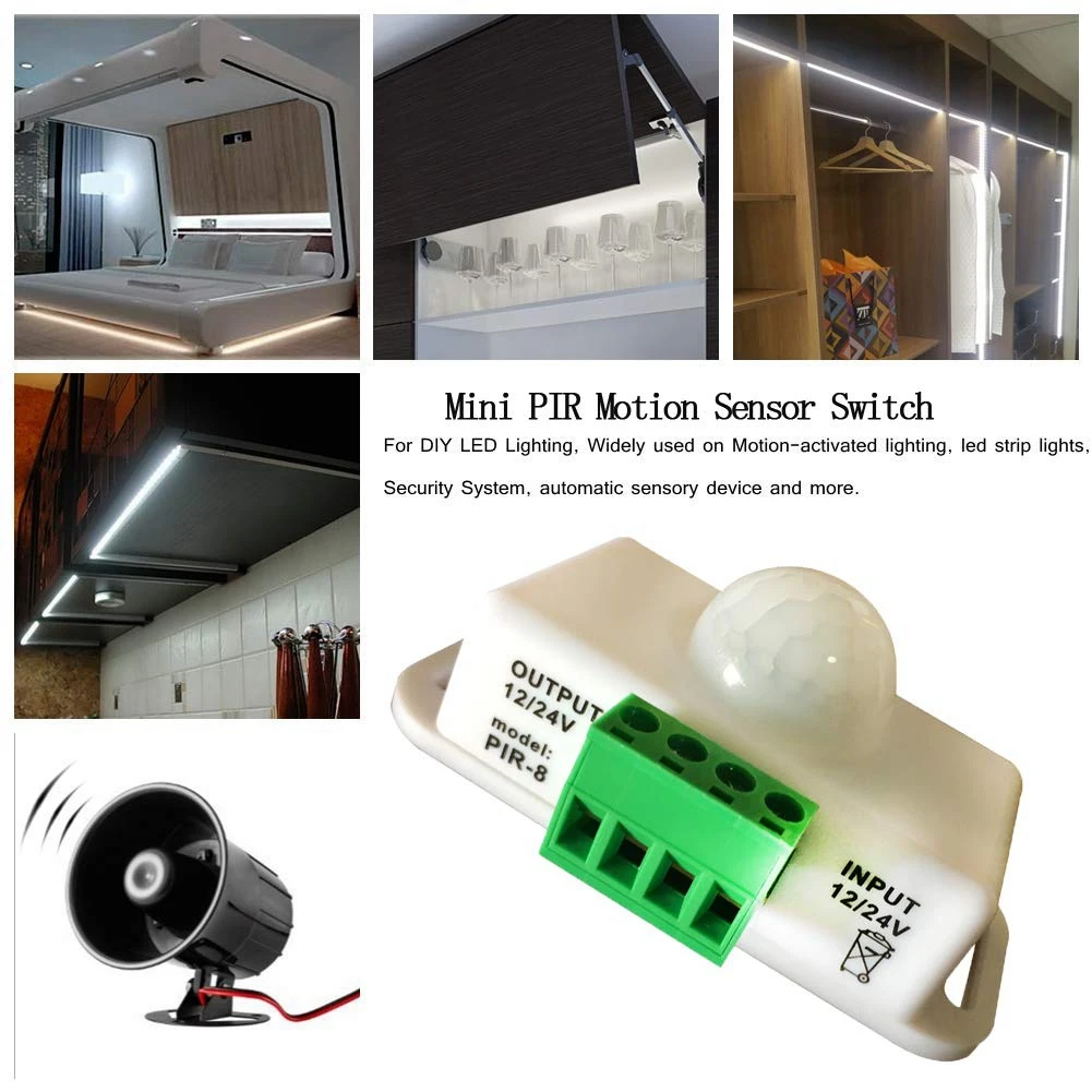 Rilevatore del sensore di movimento a infrarossi PIR, interruttore del sensore di movimento della luce di striscia DC 12V-24V, per la cucina delle scale dell'armadio dell'armadio