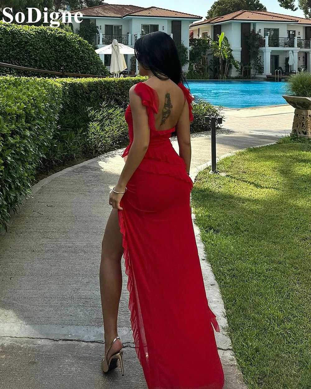 SoDigne Sexy Red Evening Dresses Square Neck Mermaid Sleeveless Ruched Backless Party Dress 2024 Banquet Prom Gowns for Women