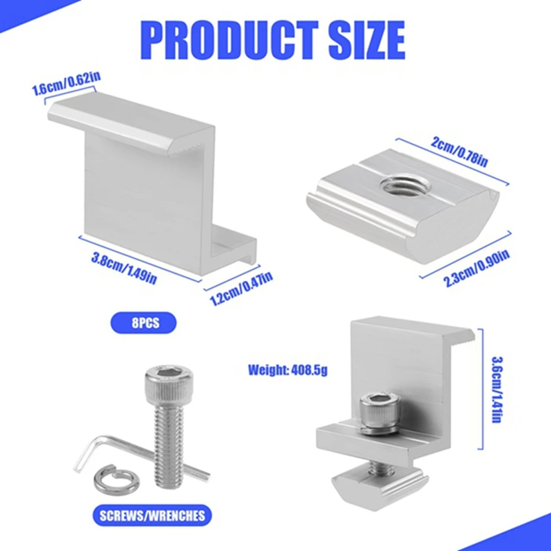 حار! دعامات تثبيت الألواح الشمسية، 8 قطع من مشبك نهاية الألواح الشمسية من الألومنيوم 30-45 مم قابل للتعديل H، حامل لوحة طاقة شمسية للسقف المعدني