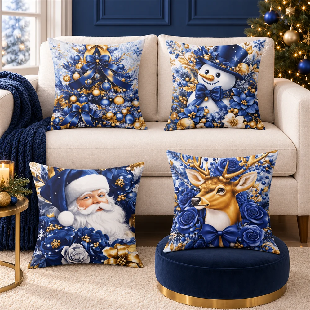 Elegant Navy Gold Christmas Cushion Cover Soft Short Plush Pillow Cases Hidden Zipper Cutecore Sofa Bedroom Home Decor Gift