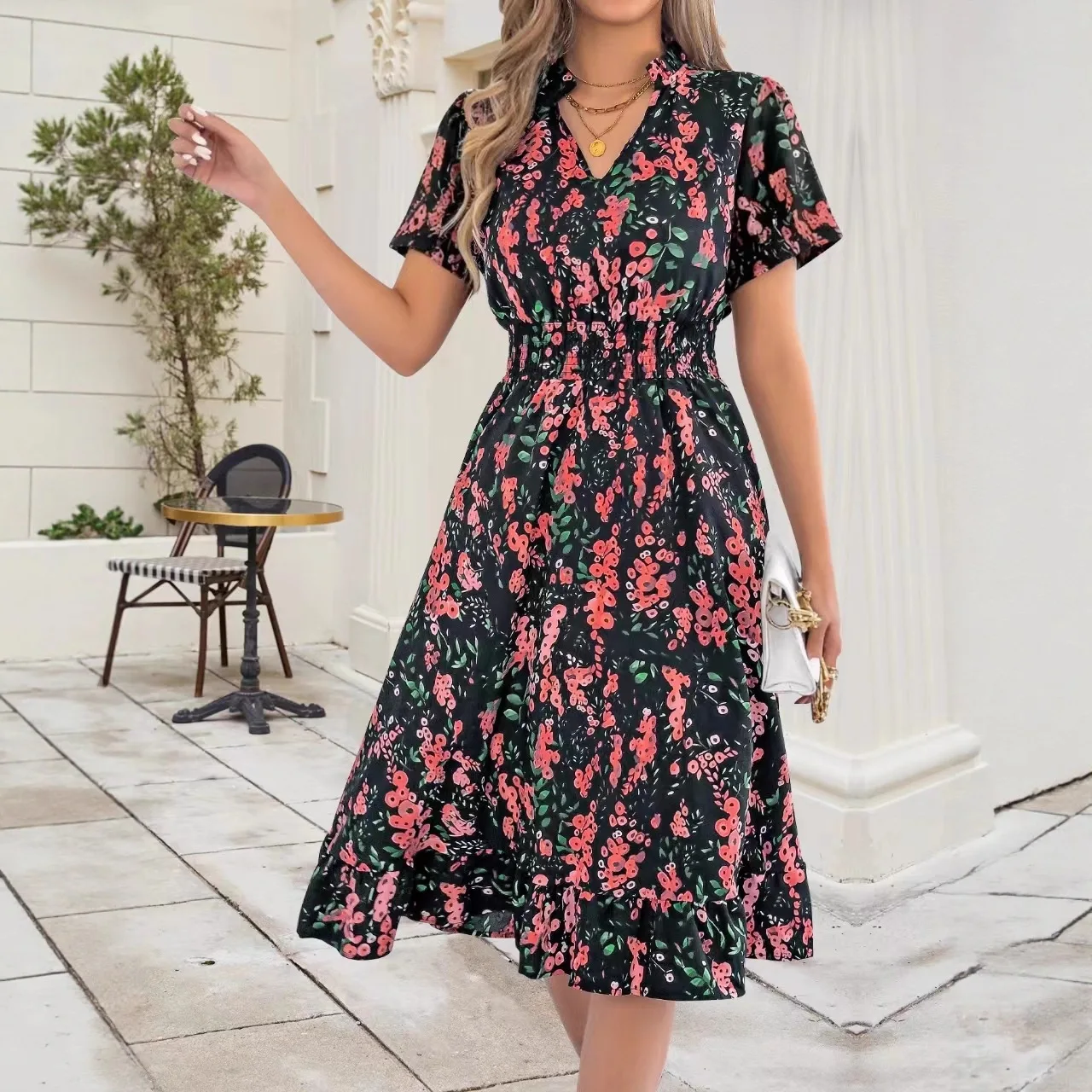 

Floral Print Short Sleeve A-Line Dress Summer Casual Belted Waist Midi Dress 2026 New Collection