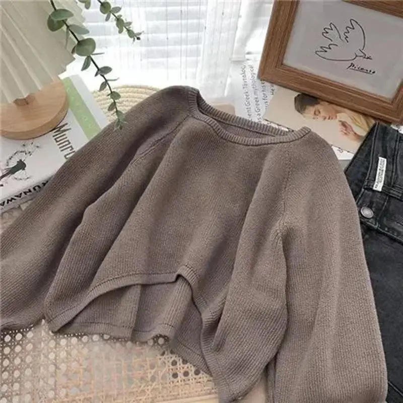 Women Cropped Sweater Vintage Streetwear casual warm preppy loose Knitting Pullovers solid chic Simple All match Jumpers