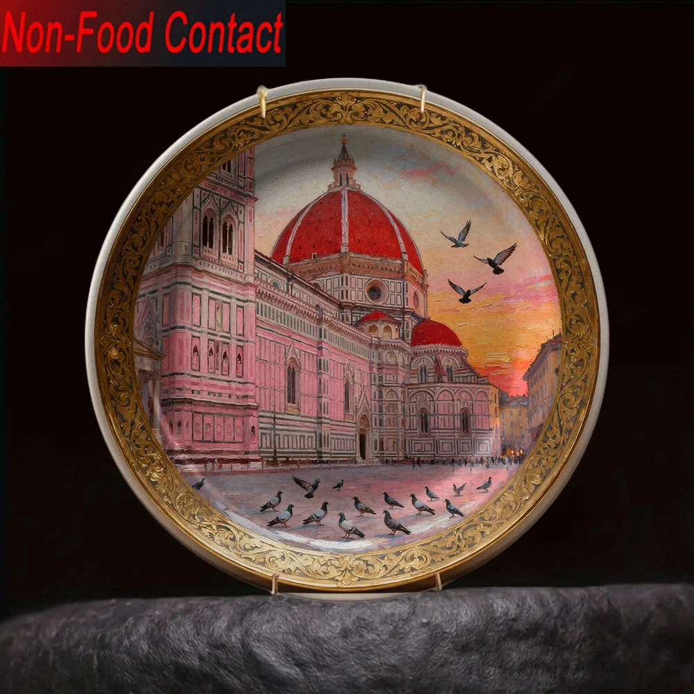 1pc Ceramic Decorative Plate with Florence Cathedral (Duomo di Firenze) Golden Frame - Round Italian Landmark Art for Home