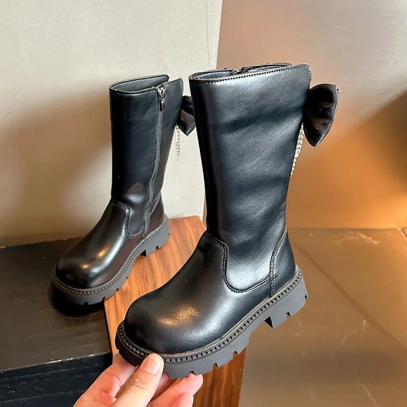 Girls Thick Bottom Black Boots Elegant Kids Causal Princess Mid-calf Boots Versatile Fashion Children's Leather Boots Round-toe