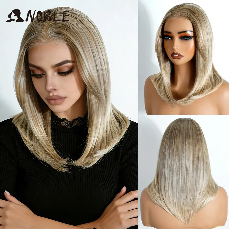 Noble Synthetic Lace Front Wigs For Women 16Inch 13X3 Free Part Pre Plucked Bob Wigs Straight Layered Ombre Brown Front Lace Wig