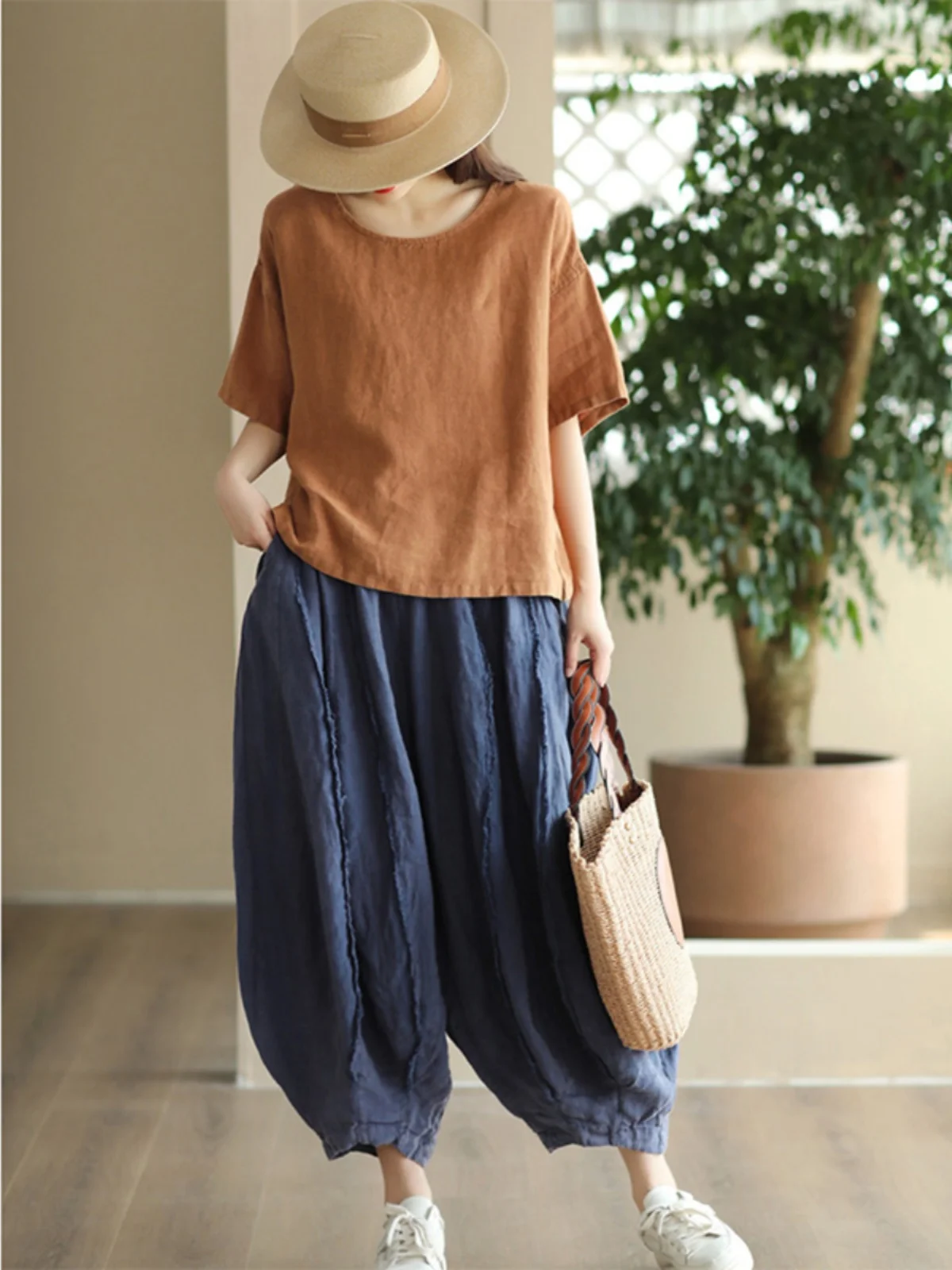 Camiseta informal holgada de algodón y lino ort Sve para mujer, Top redondo cómodo que combina con todo, Top Vintage Sle de verano