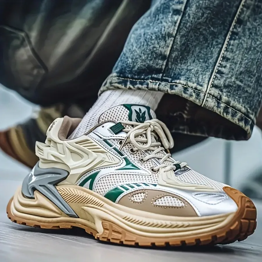 

Men'S Shoes Designed for All Seasons Featuring a Vintage Off-Green Color Block Style Thick Soles for Added Height a Breathable
