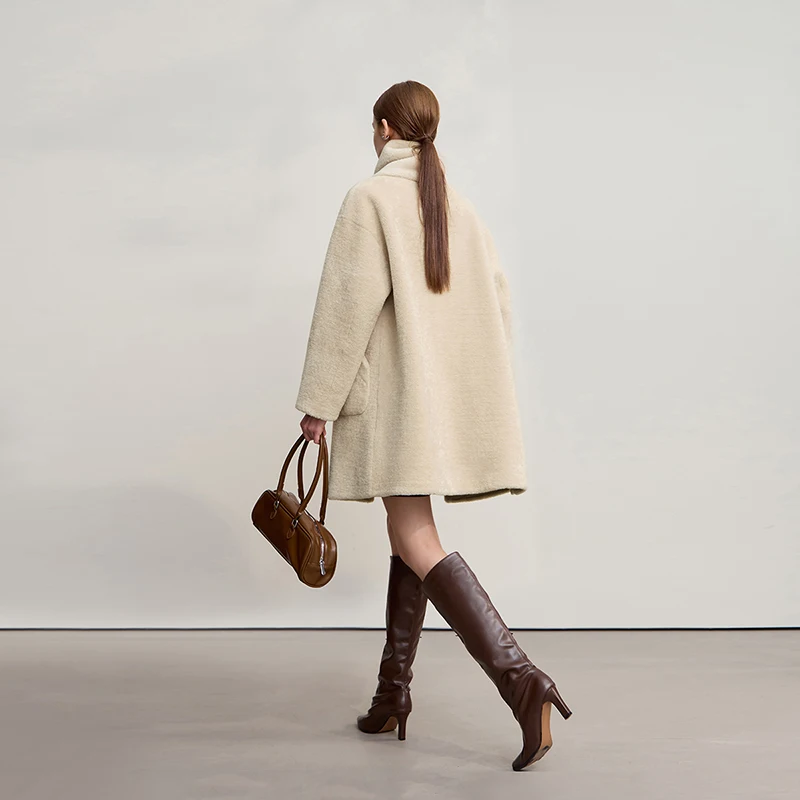 Amii Fur Coat Woman 2025 Winter New O-Neck Loose Medium And Long Tops With Scarf Warm Long Sleeve Elegant Fur Jacket 12554011