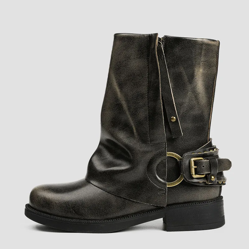 Aneikeh Punk Pleated Leather Ankle Boots Round Toe Block Heel Buckle Strap Ladies Back Zipper Footwear Western Boots Mujer