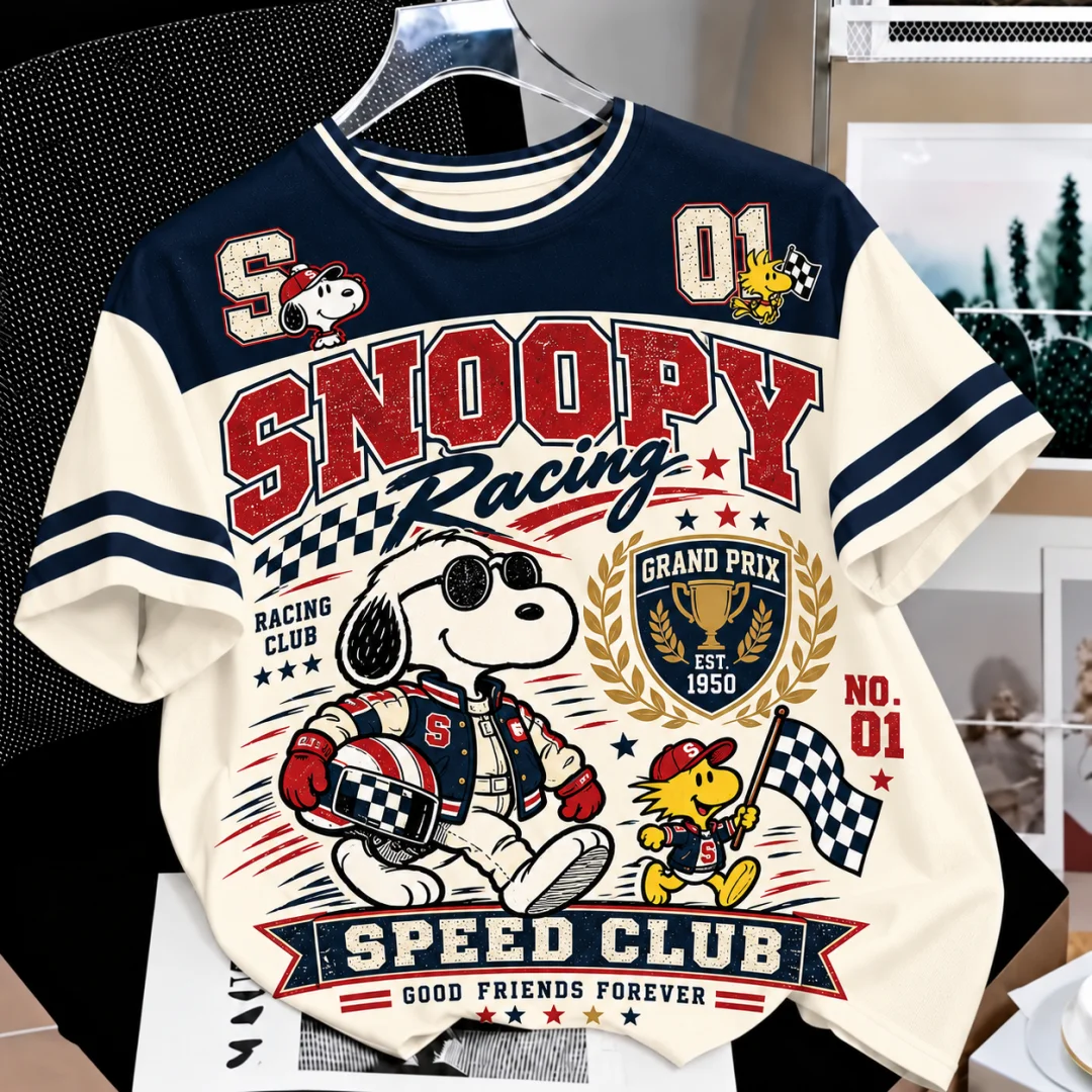 Vintage Snoopy Racing League T Shirt Men Women Retro Race Flag Graphic Tee Short Sleeve Casual Streetwear Unisex Kids Tops