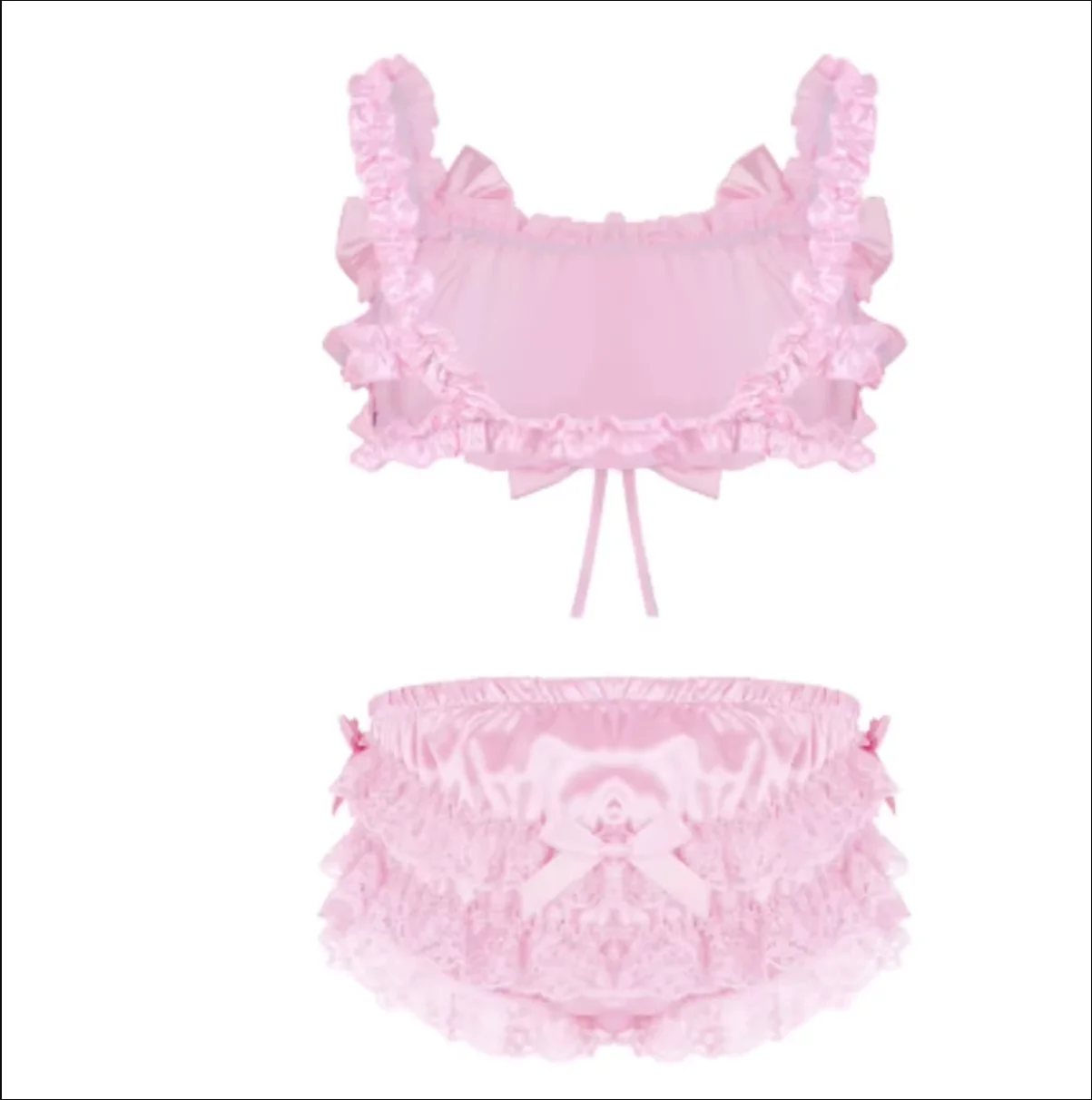 Hot Men Sissy Lingerie Sets Satin Frilly Elastic Wide Shoulder Straps Wire-free Bra Tops Floral Lace Briefs Underwear Nightwear