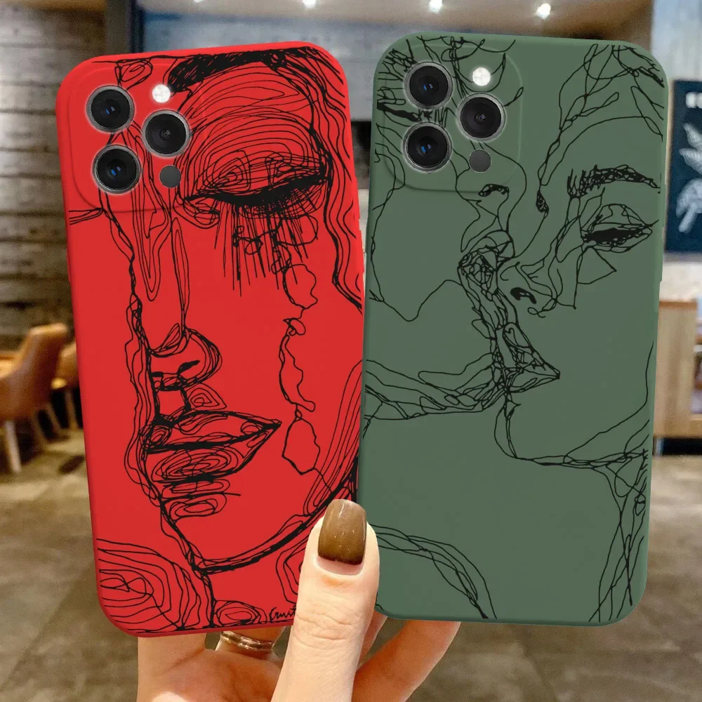 Abstract Artistic Line Face Couple Phone Case For iPhone 11 12 13 Pro XS Max Mini 7 8 Plus SE X XR Lover Kiss Silicone Soft Capa