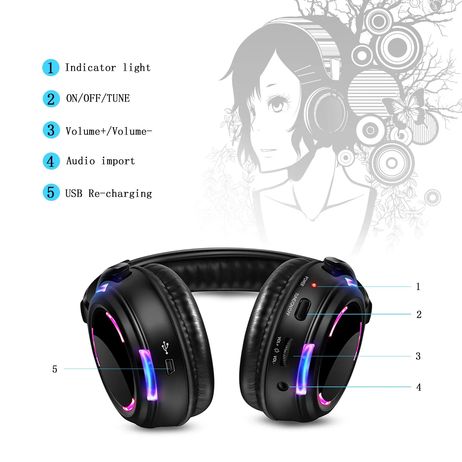 Professional Led Flashing Light Silent Disco Wireless Headphones- RF Wireless Headset for Quiet Party DJ Clubbing Party