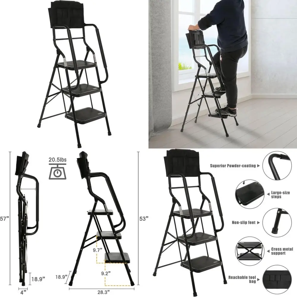 سلم قابل للطي بثلاث خطوات مع درابزين - سعة 500 رطل، إطار فولاذي، قضبان جانبية آمنة، مثالي للاستخدام المنزلي في المطبخ