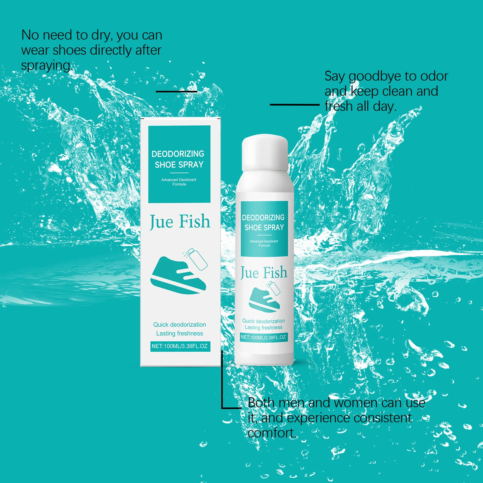 JUE FISH 100ml Shoe Socks Odor Removal Spray Portable Footwear Deodorant Quickly Refresh Long-lasting Odors Control Mild Formula