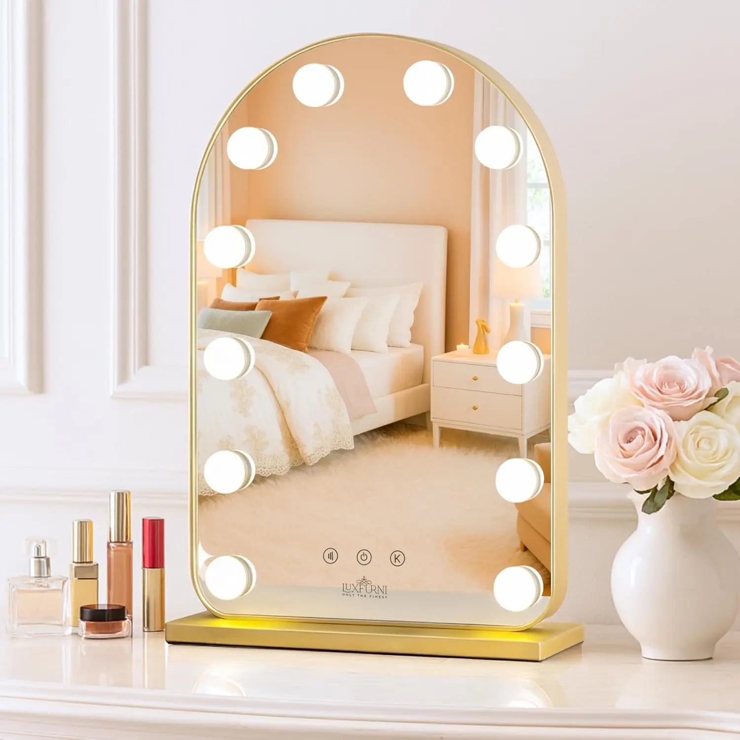 

20.5" L x 13" W Arched LED Makeup Mirror with Smart Touch Control, Dimmable 3 Modes Light in Gold