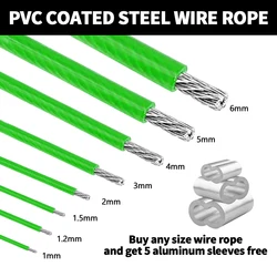 5-100M 2/3/4/5/6mm Steel Wire Rope Green Coated PVC Plastic Coated Stainless Cable With Super Strong Load-Bearing Capacity