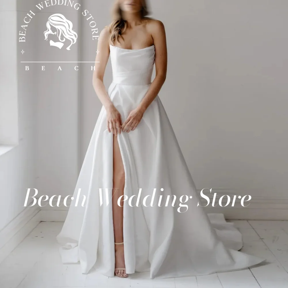 Beach Customized Sexy A-Line Bridal Gown Strapless High Side Slit Pleated Wedding Dress Chapel Train Women 2024 Vestido De Novia